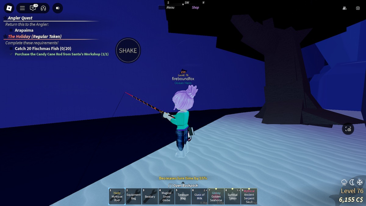 Kalastus talvikylässä Roblox Fischissä.