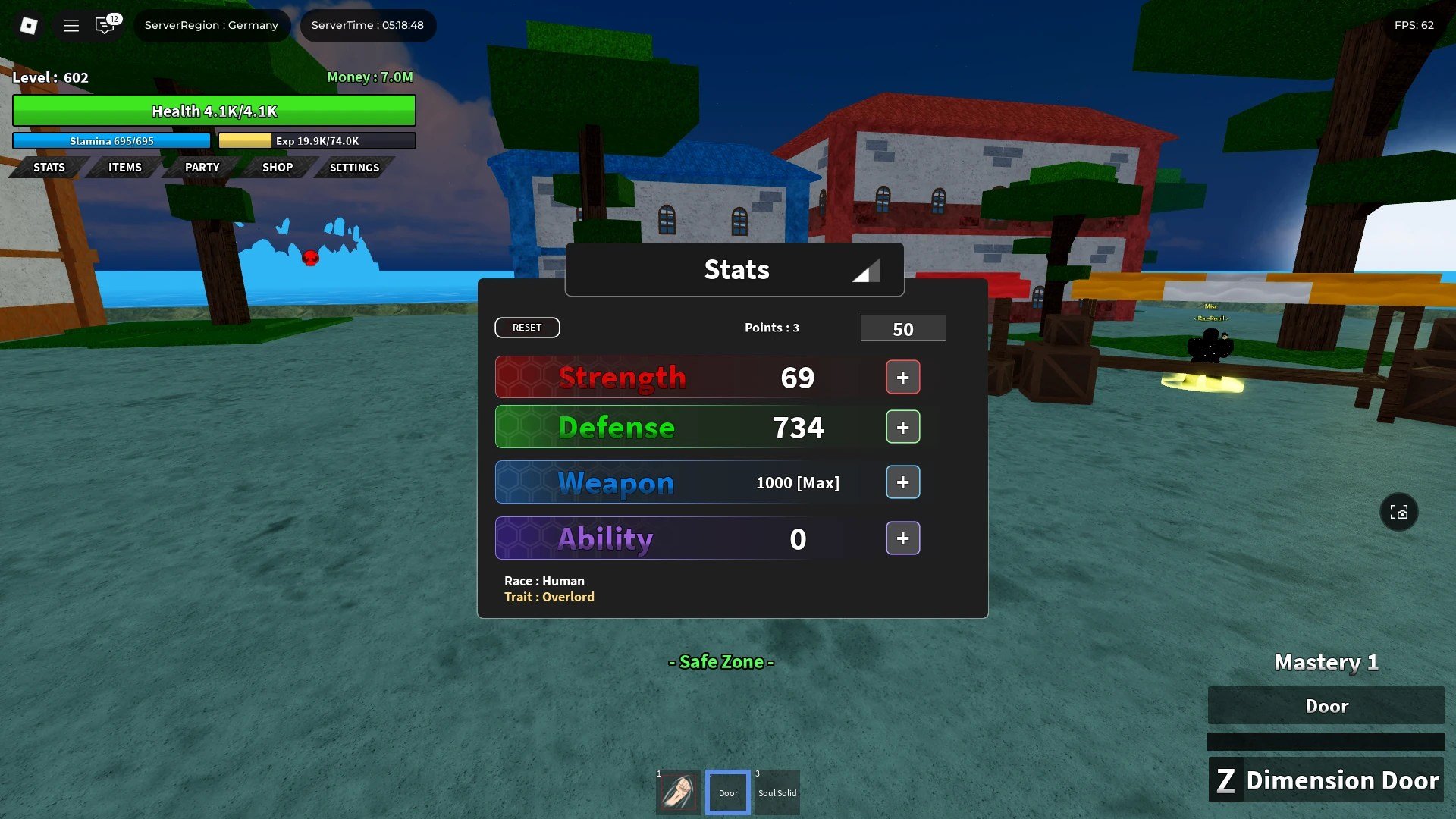 Esikatselu Dawn Piece Roblox -kokemuksen tilastovalikosta pelaajan piirteen kanssa oikeassa alakulmassa